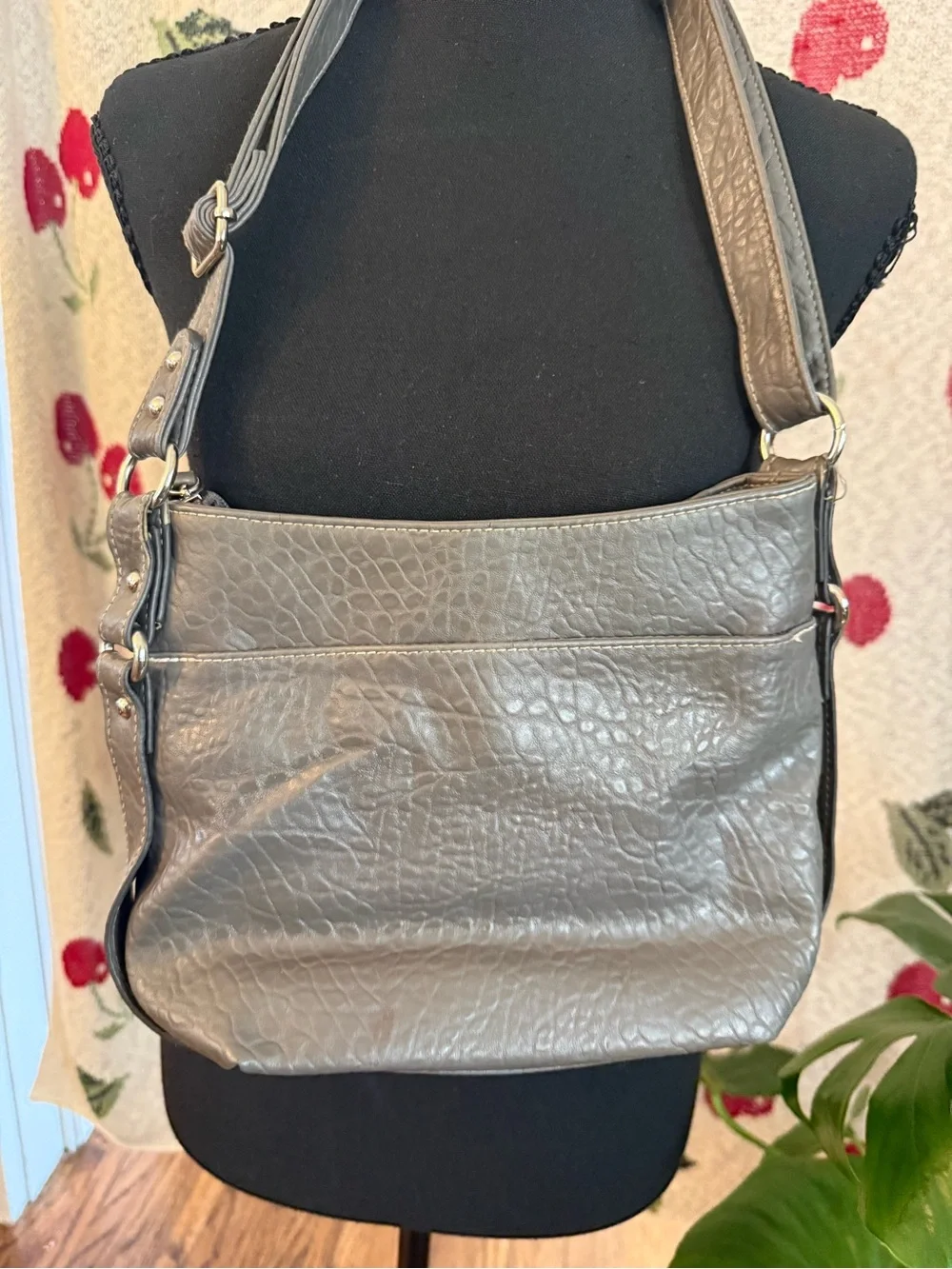 Rosetti Gray-Taupe Textured Crossbody Bag with Front Flap Pocket